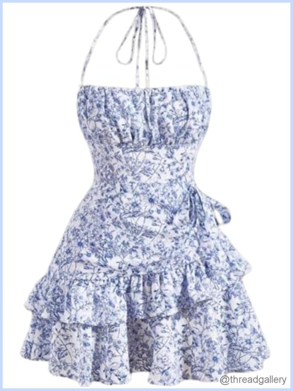 Tie Halter Mini Dress Floral Print Ruffle Hem Backless Summer Casual